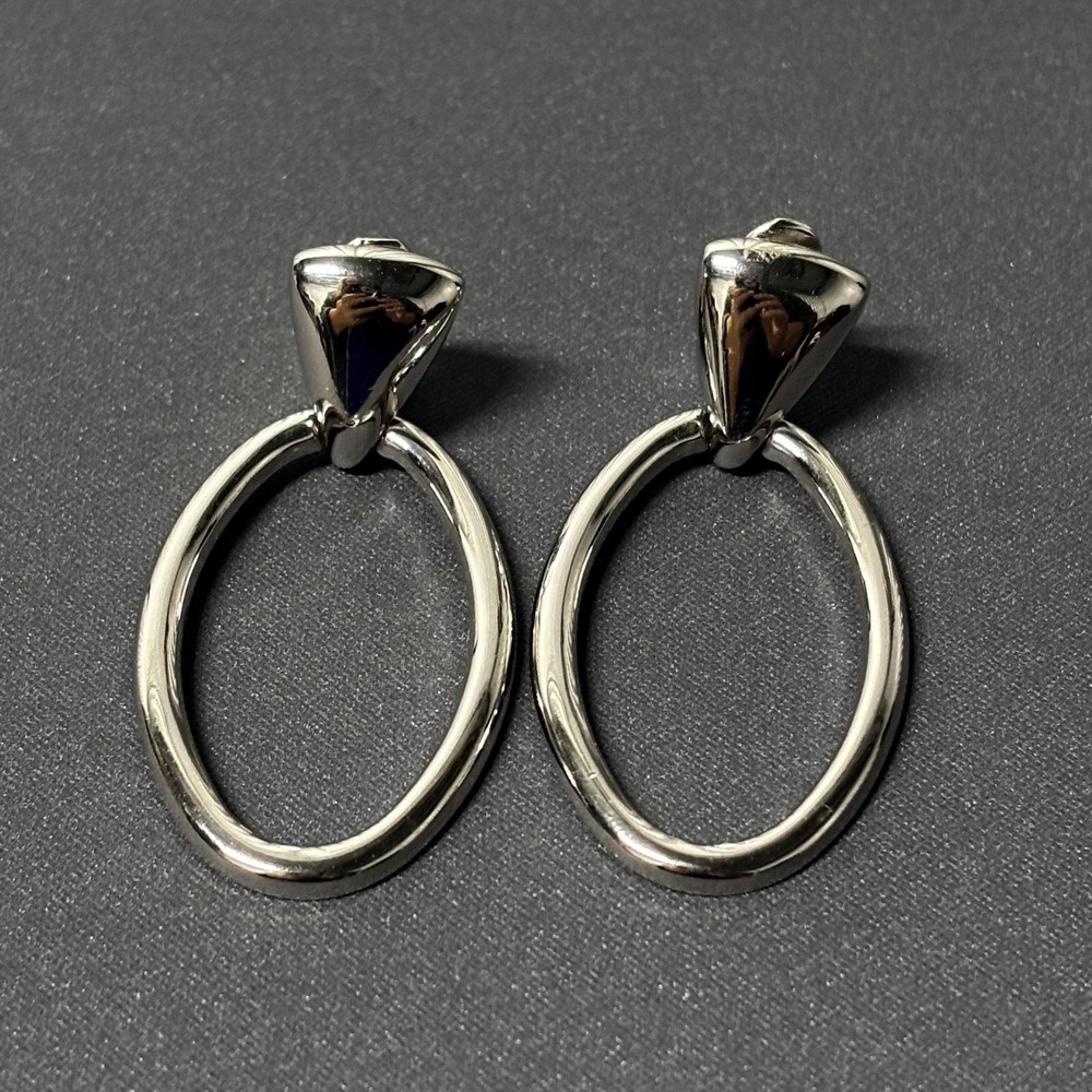 Monet Earrings Silver‎ Tone Oval Drop Hoop Clip On Vintage 1980s Modern Classic